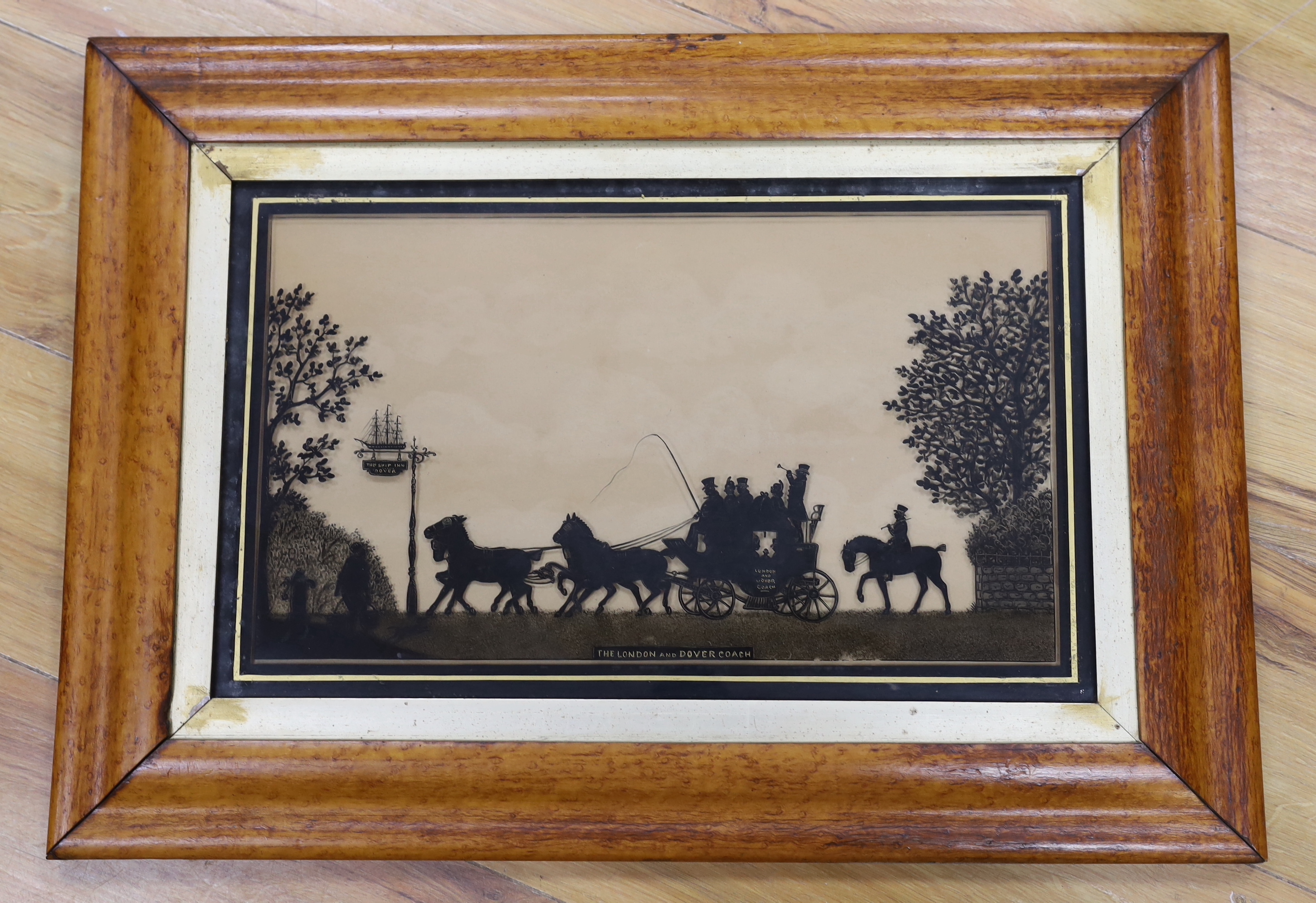 19th century English School, 'The London and Dover Coach', a silhouette study, 28 x 46cm